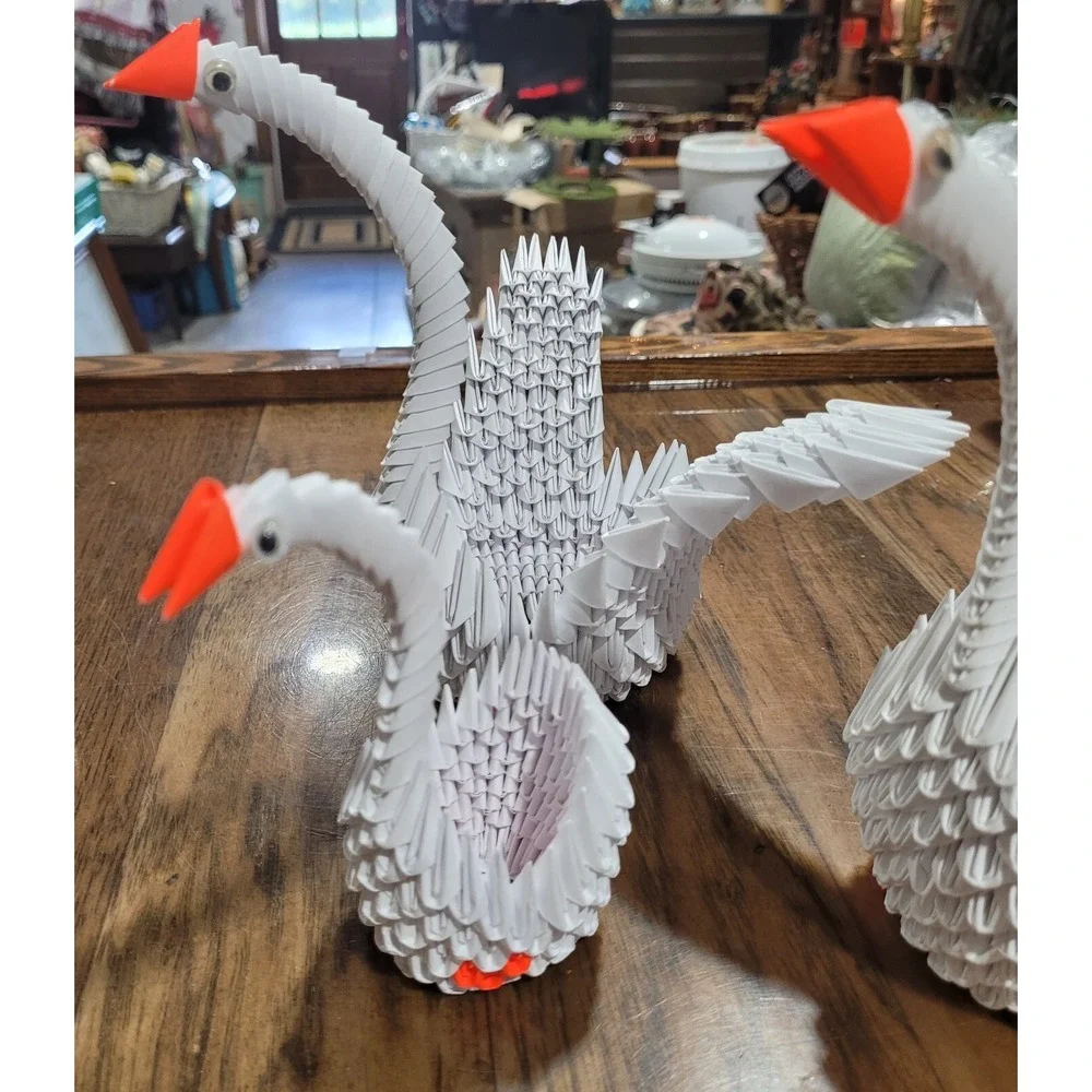 3 Handcrafted 3D Origami Folded Paper white  Swan Goose  Basket,  7